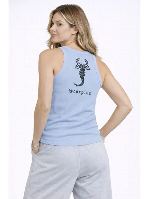 Kadın Fitilli Atlet Sıfır Yaka Slim Fit Arka Baskılı Spor Atlet - Bebek Mavisi