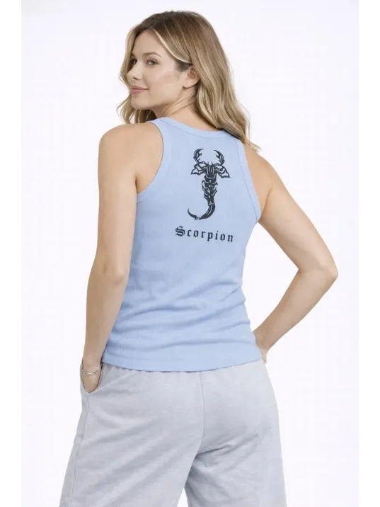 Kadın Fitilli Atlet Sıfır Yaka Slim Fit Arka Baskılı Spor Atlet - Bebek Mavisi