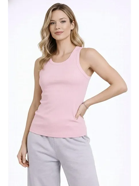 Kadın Fitilli Atlet Sıfır Yaka Slim Fit Arka Baskılı Spor Atlet - Pembe