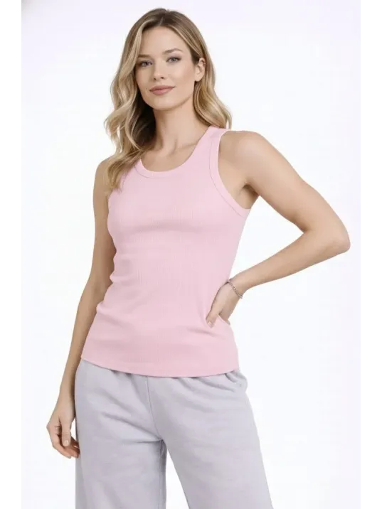 Kadın Fitilli Atlet Sıfır Yaka Slim Fit Arka Baskılı Spor Atlet - Pembe