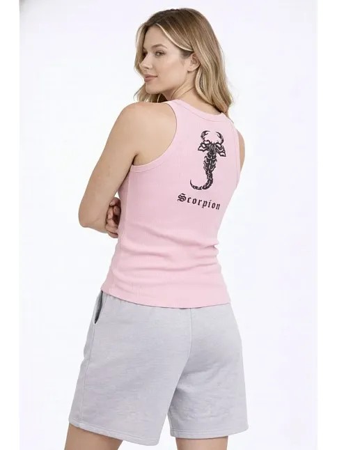 Kadın Fitilli Atlet Sıfır Yaka Slim Fit Arka Baskılı Spor Atlet - Pembe