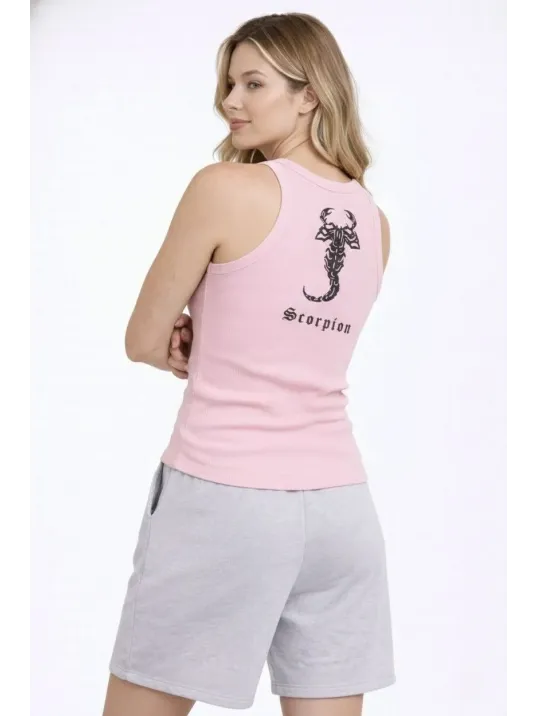 Kadın Fitilli Atlet Sıfır Yaka Slim Fit Arka Baskılı Spor Atlet - Pembe