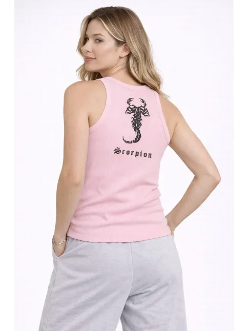 Kadın Fitilli Atlet Sıfır Yaka Slim Fit Arka Baskılı Spor Atlet - Pembe