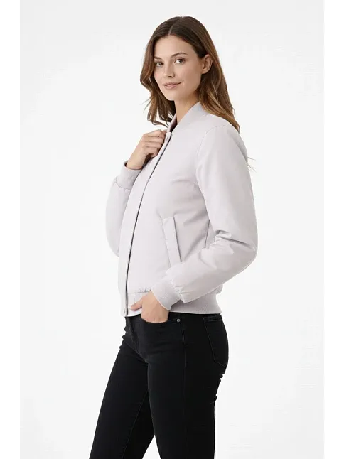Kadın Premium Bomber Ceket Çıtçıt Kapamalı, Ribana Manşetli, Astarlı, Regular Fit Mont - Beyaz