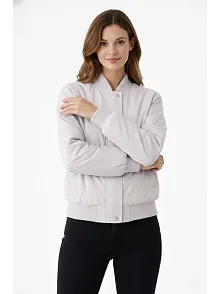 Kadın Premium Bomber Ceket Çıtçıt Kapamalı, Ribana Manşetli, Astarlı, Regular Fit Mont - Beyaz