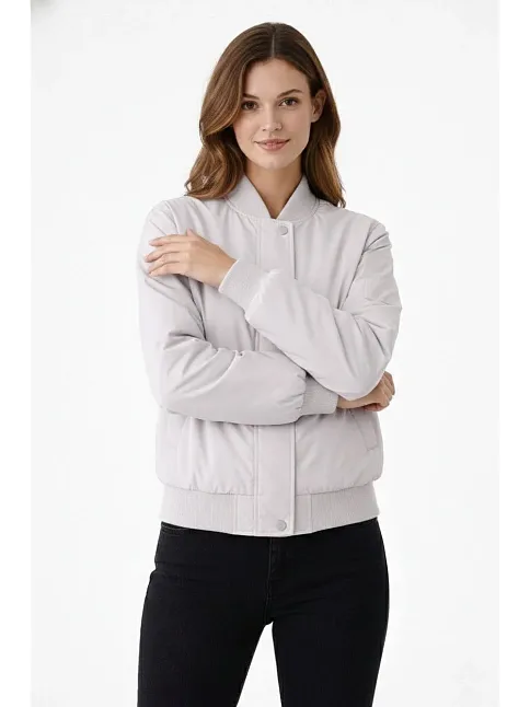 Kadın Premium Bomber Ceket Çıtçıt Kapamalı, Ribana Manşetli, Astarlı, Regular Fit Mont - Beyaz