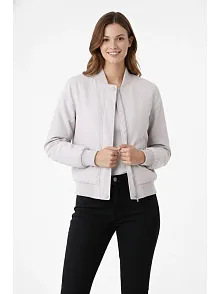 Kadın Premium Bomber Ceket Çıtçıt Kapamalı, Ribana Manşetli, Astarlı, Regular Fit Mont - Beyaz