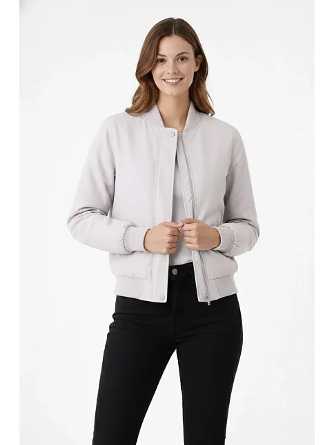 Kadın Premium Bomber Ceket Çıtçıt Kapamalı, Ribana Manşetli, Astarlı, Regular Fit Mont - Beyaz