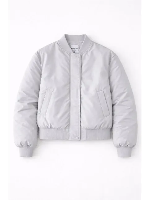 Kadın Premium Bomber Ceket Çıtçıt Kapamalı, Ribana Manşetli, Astarlı, Regular Fit Mont - Beyaz