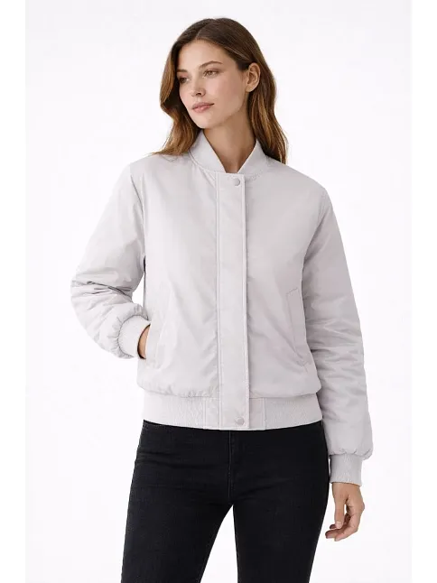 Kadın Premium Bomber Ceket Çıtçıt Kapamalı, Ribana Manşetli, Astarlı, Regular Fit Mont - Beyaz