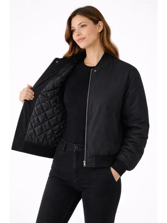 Kadın Premium Bomber Ceket Çıtçıt Kapamalı, Ribana Manşetli, Astarlı, Regular Fit Mont - Siyah