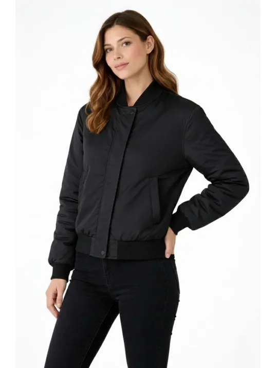 Kadın Premium Bomber Ceket Çıtçıt Kapamalı, Ribana Manşetli, Astarlı, Regular Fit Mont - Siyah