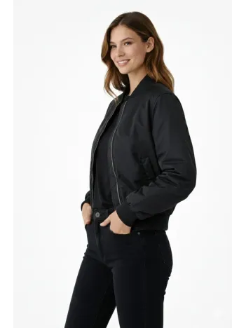 Kadın Premium Bomber Ceket Çıtçıt Kapamalı, Ribana Manşetli, Astarlı, Regular Fit Mont - Siyah