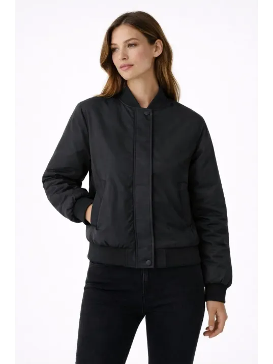 Kadın Premium Bomber Ceket Çıtçıt Kapamalı, Ribana Manşetli, Astarlı, Regular Fit Mont - Siyah