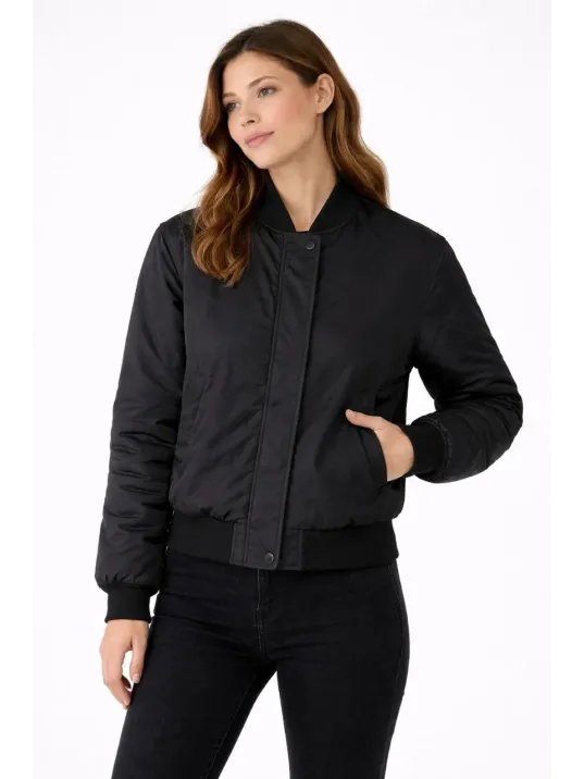 Kadın Premium Bomber Ceket Çıtçıt Kapamalı, Ribana Manşetli, Astarlı, Regular Fit Mont - Siyah