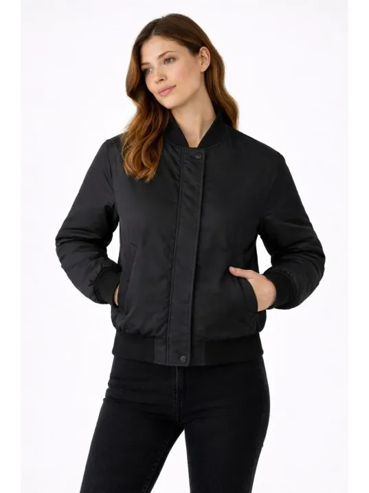 Kadın Premium Bomber Ceket Çıtçıt Kapamalı, Ribana Manşetli, Astarlı, Regular Fit Mont - Siyah