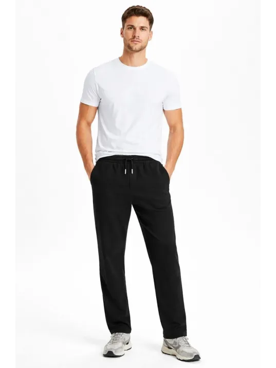 Erkek Düz Paça Beli Lastikli İpli Günlük Spor Eşofman Altı Rahat Fit - Siyah