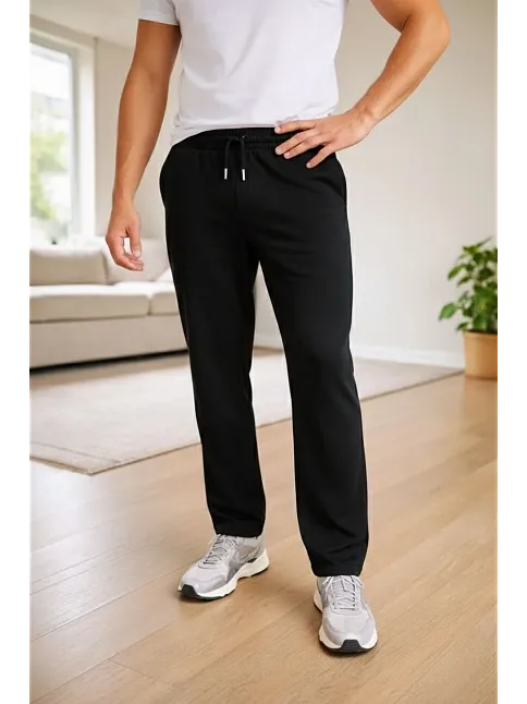 Erkek Düz Paça Beli Lastikli İpli Günlük Spor Eşofman Altı Rahat Fit - Siyah