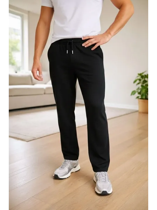 Erkek Düz Paça Beli Lastikli İpli Günlük Spor Eşofman Altı Rahat Fit - Siyah