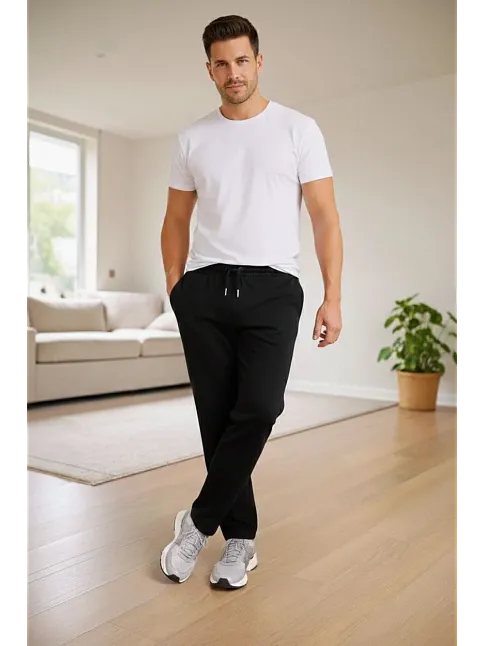 Erkek Düz Paça Beli Lastikli İpli Günlük Spor Eşofman Altı Rahat Fit - Siyah