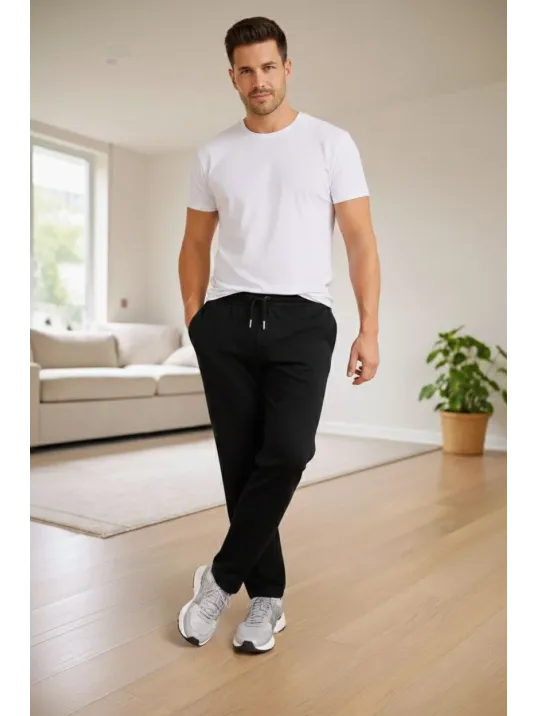 Erkek Düz Paça Beli Lastikli İpli Günlük Spor Eşofman Altı Rahat Fit - Siyah