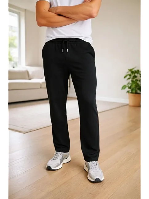 Erkek Düz Paça Beli Lastikli İpli Günlük Spor Eşofman Altı Rahat Fit - Siyah