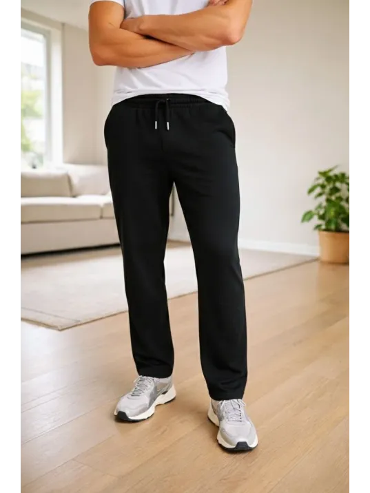 Erkek Düz Paça Beli Lastikli İpli Günlük Spor Eşofman Altı Rahat Fit - Siyah