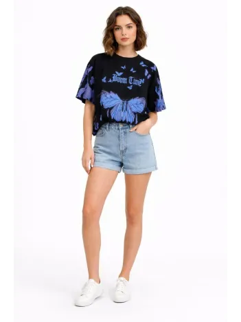 Kadın Asit Yıkamalı Oversize Tişört Mavi Kelebek Baskılı Dijital Print Bisiklet Yaka Streetwear T-shirt - Siyah