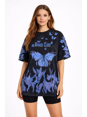 Kadın Asit Yıkamalı Oversize Tişört Mavi Kelebek Baskılı Dijital Print Bisiklet Yaka Streetwear T-shirt - Siyah