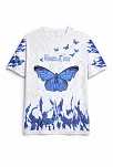 Kadın Asit Yıkamalı Oversize Tişört Mavi Kelebek Baskılı Dijital Print Bisiklet Yaka Streetwear T-shirt - Beyaz