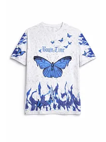 Kadın Asit Yıkamalı Oversize Tişört Mavi Kelebek Baskılı Dijital Print Bisiklet Yaka Streetwear T-shirt - Beyaz