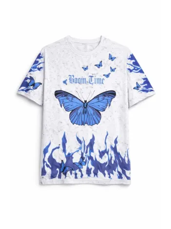 Kadın Asit Yıkamalı Oversize Tişört Mavi Kelebek Baskılı Dijital Print Bisiklet Yaka Streetwear T-shirt - Beyaz