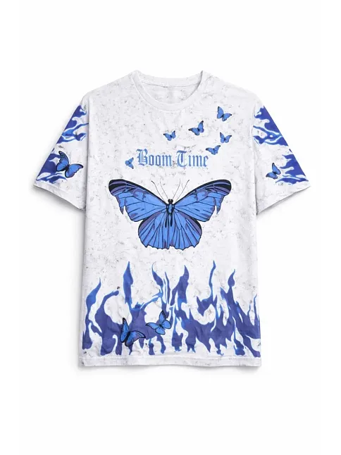 Kadın Asit Yıkamalı Oversize Tişört Mavi Kelebek Baskılı Dijital Print Bisiklet Yaka Streetwear T-shirt - Beyaz