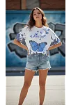 Kadın Asit Yıkamalı Oversize Tişört Mavi Kelebek Baskılı Dijital Print Bisiklet Yaka Streetwear T-shirt - Beyaz