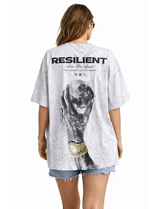 Kadın Asit Yıkamalı Oversize Tişört Ön Ve Arkası Baskılı %100 Pamuk Street Style T-shirt - Beyaz