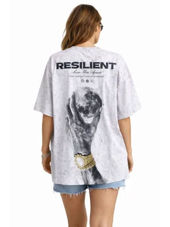 Kadın Asit Yıkamalı Oversize Tişört Ön Ve Arkası Baskılı %100 Pamuk Street Style T-shirt - Beyaz