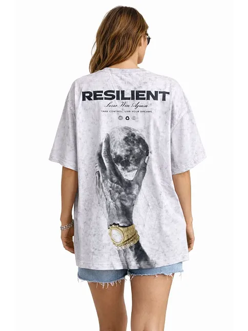 Kadın Asit Yıkamalı Oversize Tişört Ön Ve Arkası Baskılı %100 Pamuk Street Style T-shirt - Beyaz