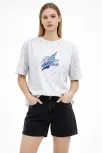 Kadın Asit Yıkamalı Oversize Tişört Future Worlds Baskılı Bisiklet Yaka Kısa Kollu Streetwear %100 Pamuk Street Style T-shirt - Beyaz