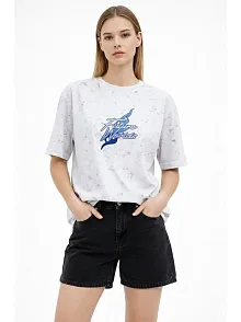 Kadın Asit Yıkamalı Oversize Tişört Future Worlds Baskılı Bisiklet Yaka Kısa Kollu Streetwear %100 Pamuk Street Style T-shirt - Beyaz