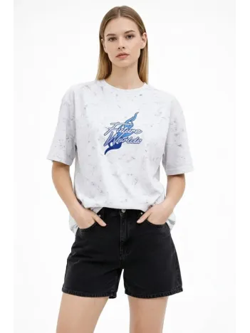 Kadın Asit Yıkamalı Oversize Tişört Future Worlds Baskılı Bisiklet Yaka Kısa Kollu Streetwear %100 Pamuk Street Style T-shirt - Beyaz