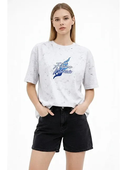 Kadın Asit Yıkamalı Oversize Tişört Future Worlds Baskılı Bisiklet Yaka Kısa Kollu Streetwear %100 Pamuk Street Style T-shirt - Beyaz