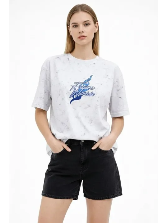 Kadın Asit Yıkamalı Oversize Tişört Future Worlds Baskılı Bisiklet Yaka Kısa Kollu Streetwear %100 Pamuk Street Style T-shirt - Beyaz