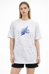 Kadın Asit Yıkamalı Oversize Tişört Future Worlds Baskılı Bisiklet Yaka Kısa Kollu Streetwear %100 Pamuk Street Style T-shirt - Beyaz