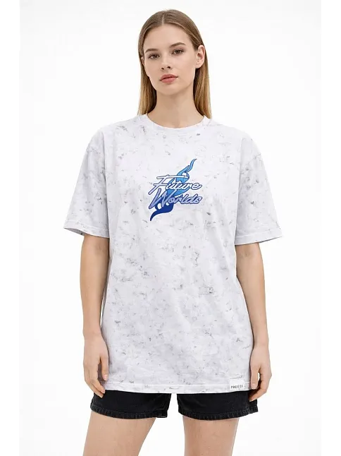 Kadın Asit Yıkamalı Oversize Tişört Future Worlds Baskılı Bisiklet Yaka Kısa Kollu Streetwear %100 Pamuk Street Style T-shirt - Beyaz