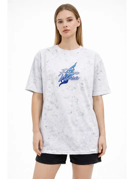 Kadın Asit Yıkamalı Oversize Tişört Future Worlds Baskılı Bisiklet Yaka Kısa Kollu Streetwear %100 Pamuk Street Style T-shirt - Beyaz