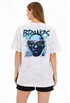 Kadın Asit Yıkamalı Oversize Tişört Future Worlds Baskılı Bisiklet Yaka Kısa Kollu Streetwear %100 Pamuk Street Style T-shirt - Beyaz