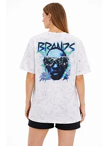Kadın Asit Yıkamalı Oversize Tişört Future Worlds Baskılı Bisiklet Yaka Kısa Kollu Streetwear %100 Pamuk Street Style T-shirt - Beyaz