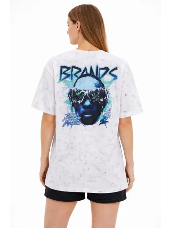 Kadın Asit Yıkamalı Oversize Tişört Future Worlds Baskılı Bisiklet Yaka Kısa Kollu Streetwear %100 Pamuk Street Style T-shirt - Beyaz