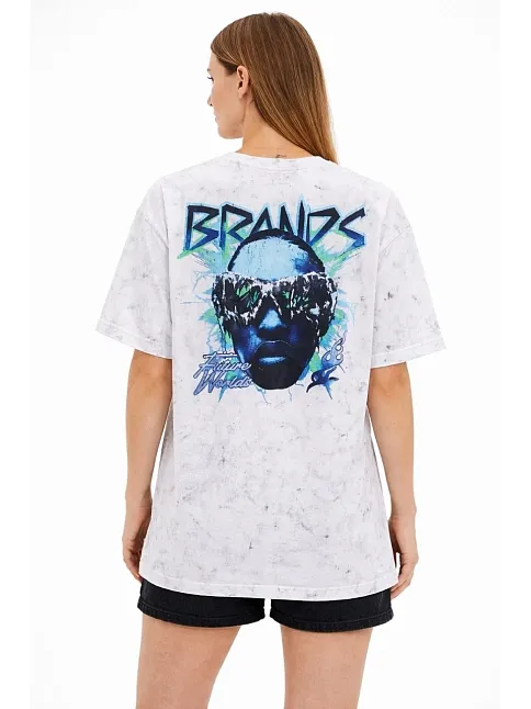Kadın Asit Yıkamalı Oversize Tişört Future Worlds Baskılı Bisiklet Yaka Kısa Kollu Streetwear %100 Pamuk Street Style T-shirt - Beyaz