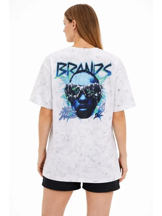 Kadın Asit Yıkamalı Oversize Tişört Future Worlds Baskılı Bisiklet Yaka Kısa Kollu Streetwear %100 Pamuk Street Style T-shirt - Beyaz